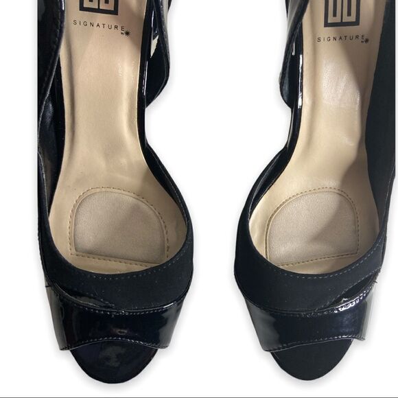 SS Signature by Sangria Black Faux Patent Leather Faux Suede Peep Toe Stilettos - Picture 14 of 14